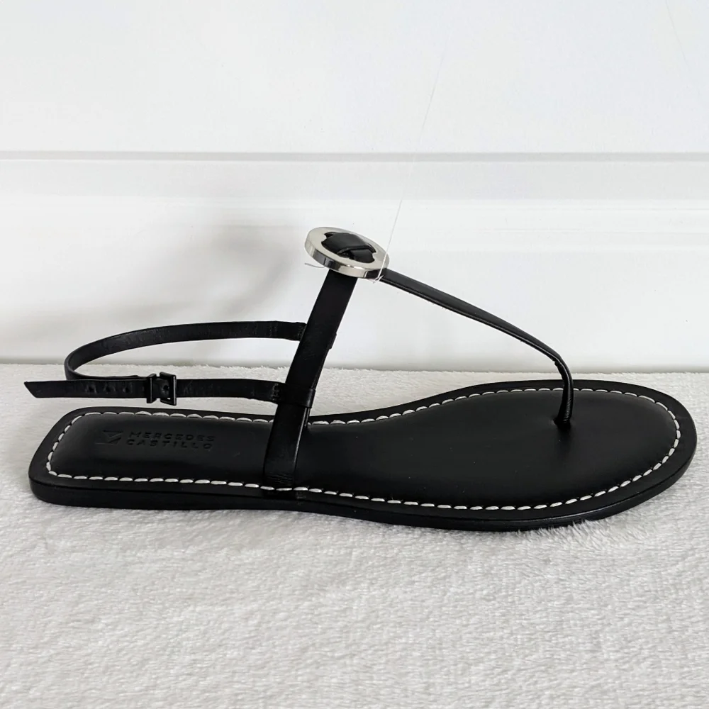 Mercedes Castillo Leather T-Strap Thong Sandal Flat Black Silver EU40 10 NWOB - Picture 5 of 15